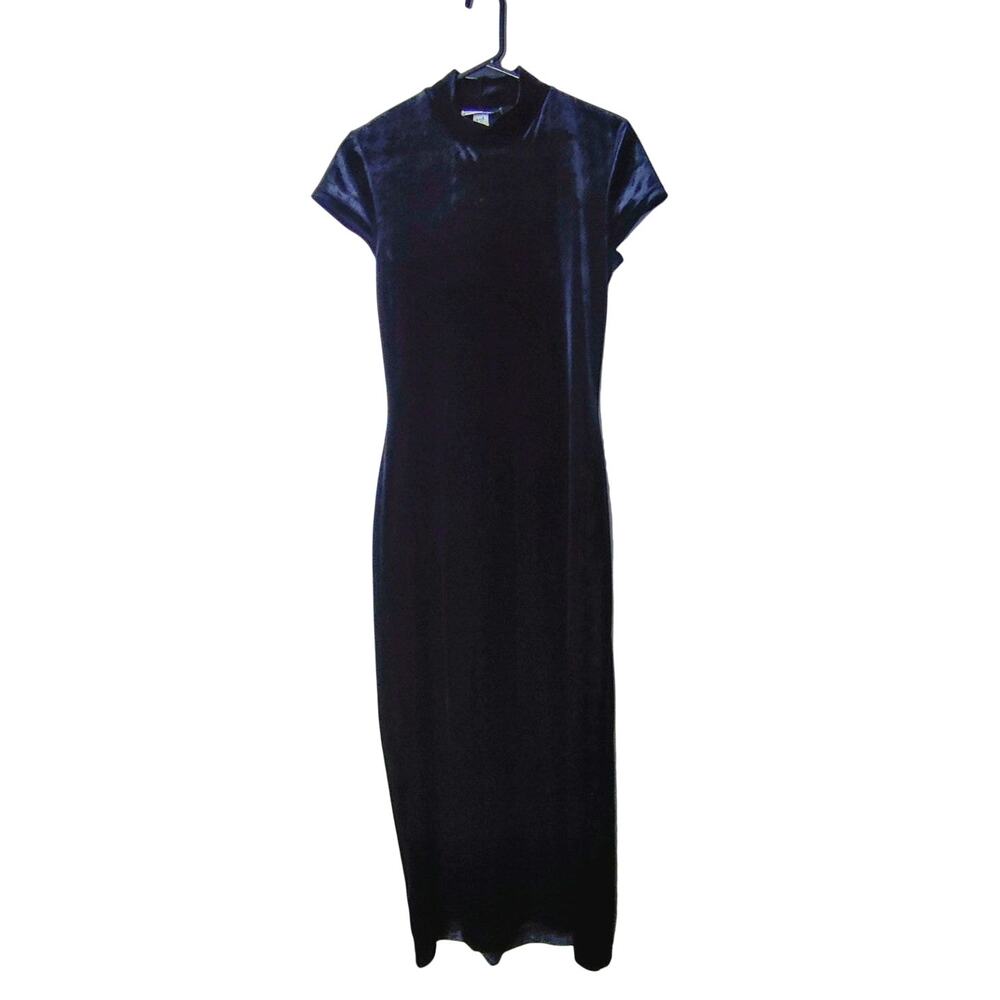 Vintage Black Velvet Mock Neck Midi Bodycon Dress Medium Witchy Practical Magic